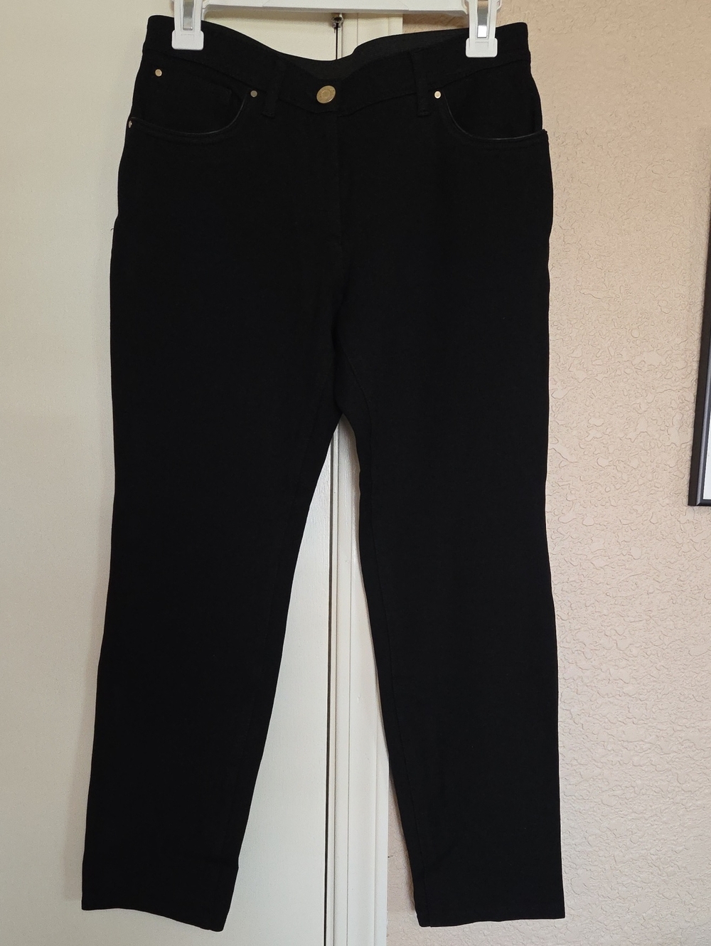 Chico's So Slimming Black Straight-Leg Pants with Gold Accents